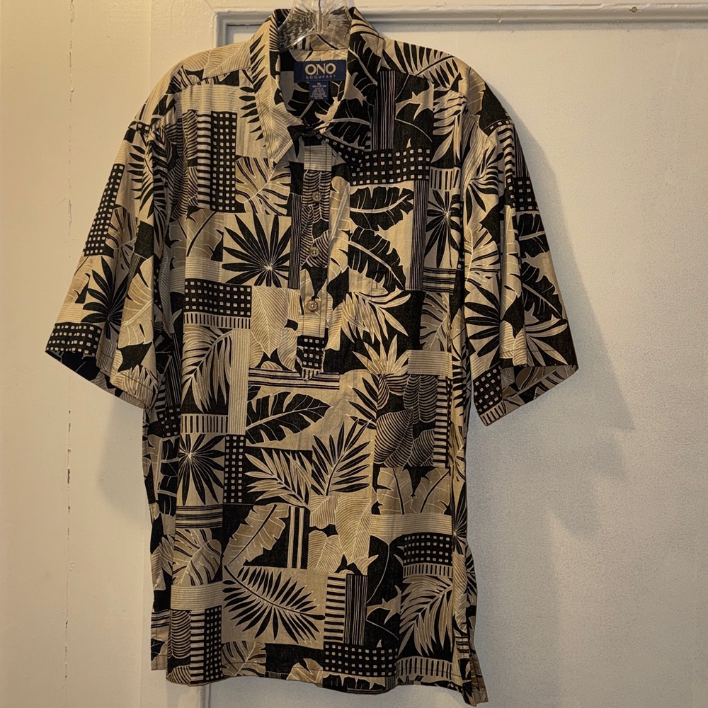 ONO & Company Men's Aloha Hawaiian Shirt 100% Cotton Tan Black Leaf Print  Sz XL
